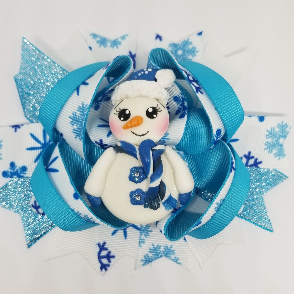 Handmade Hairbow with clay doll snowman